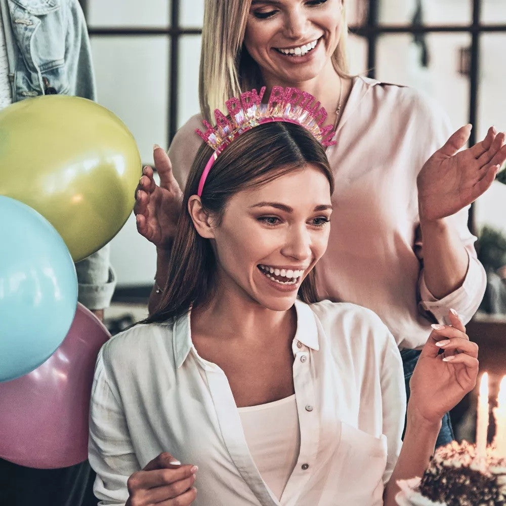 Coroniță Decorativă Happy Birthday, Accesoriu Petrecere Aniversară cu Paiete Laser și Sclipici, Plastic Flexibil, Mărime Universală, Roz