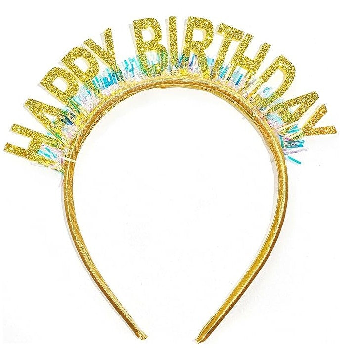 Coroniță Decorativă Happy Birthday pentru Aniversare, Diademă Flexibilă cu Paiete Laser și Sclipici, Plastic, Mărime Universală, Auriu