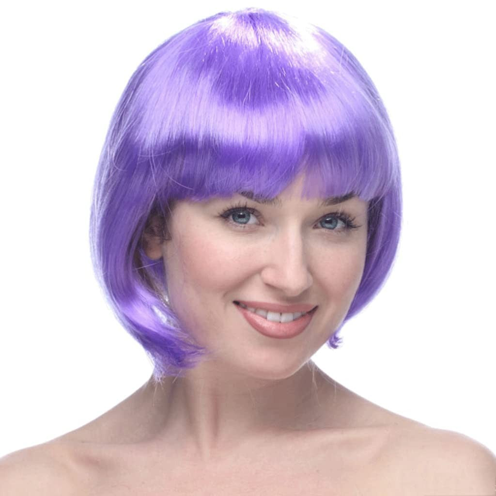 Peruca Cosplay Bob cu Breton, Accesoriu Carnaval si Halloween, Fibra Sintetica PET, Marime Universala, 100 g, Mov