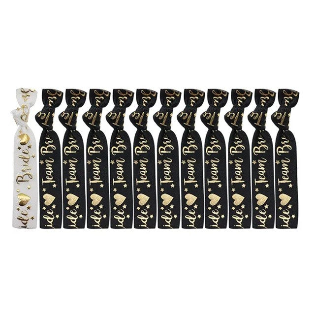 Set 11 Brătări pentru Petrecerea Burlăcițelor, Accesorii Textile Elastice Bride și Team Bride, Pânză, Mărime Universală, 1 Alb și 10 Negru