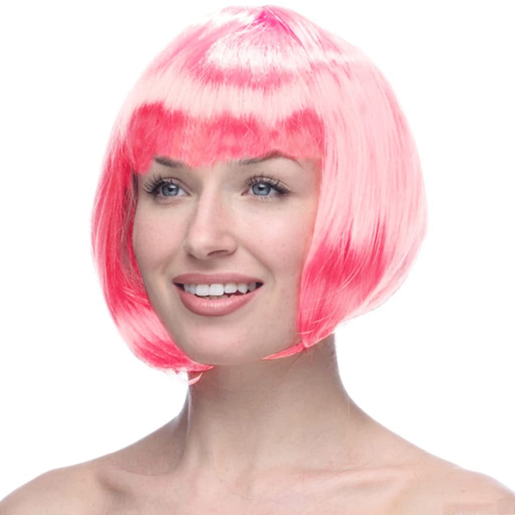 Peruca Cosplay Tunsoare Bob cu Breton, Accesoriu Costume Carnaval si Halloween, Fibra Sintetica PET, Marime Universala, Roz Deschis
