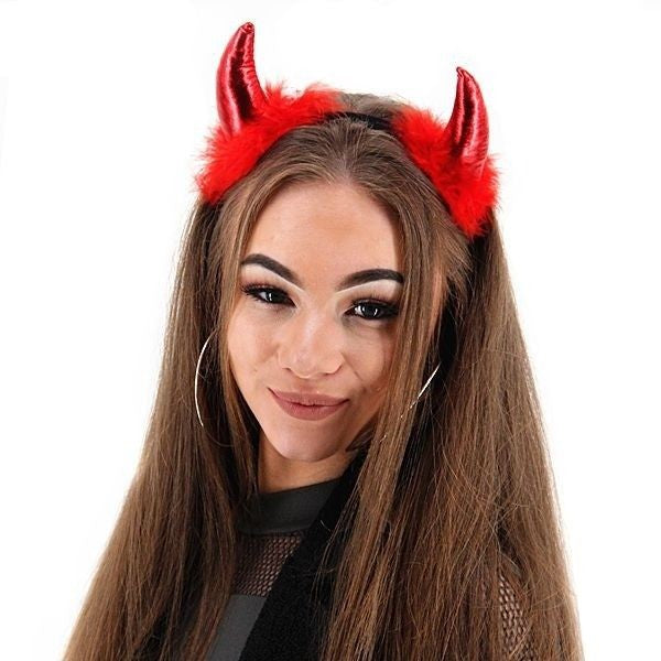 Bentita Deghizare Diavol, Cornite Devil Rosu Satinat cu Puf, Plastic si Plus, Marime Universala, 1 Bucata