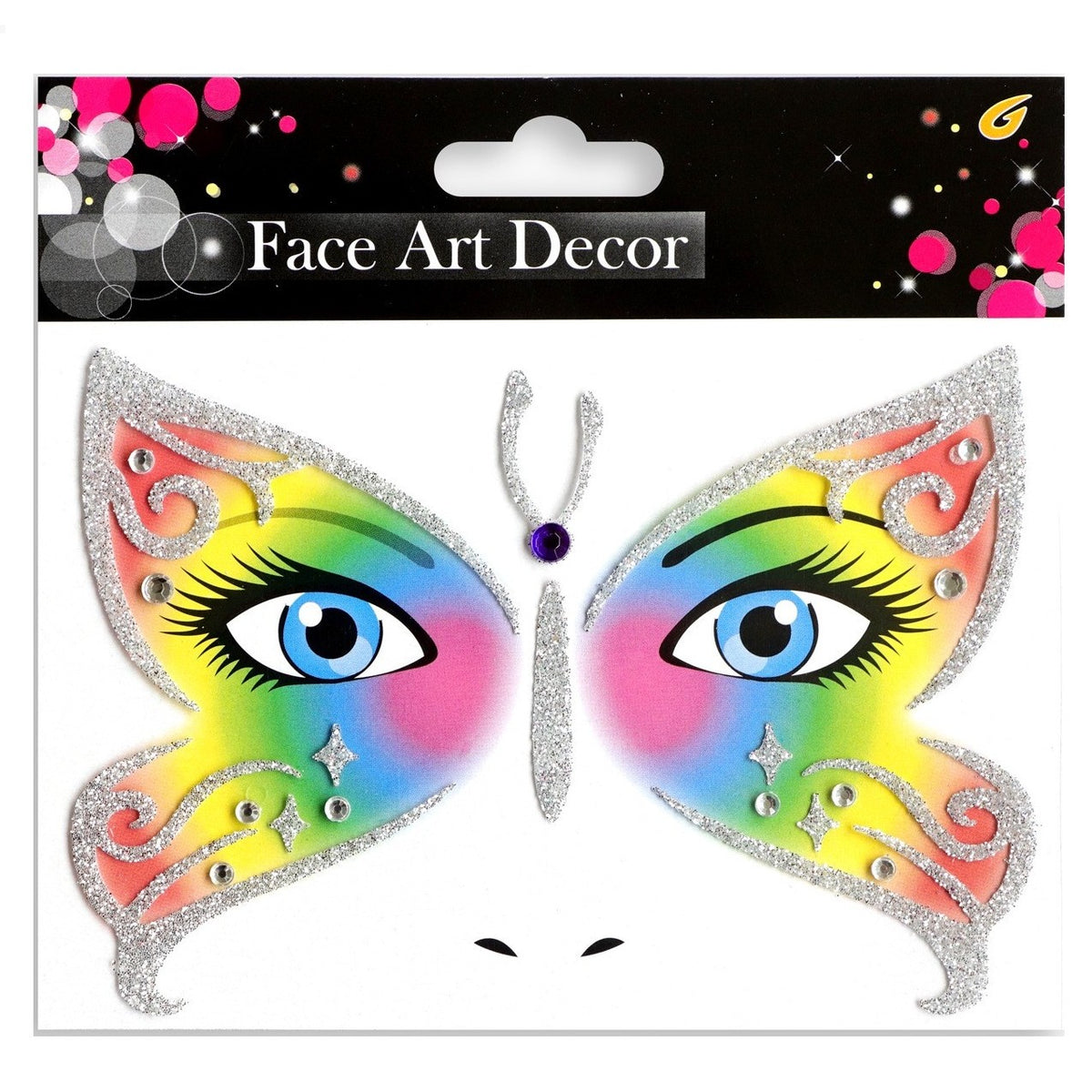 Sticker Temporar pentru Față, Autocolant Machiaj Face Art cu Sclipici, Design Fluture, Material PET Autoadeziv, Multicolor, 12.8 x 12 cm