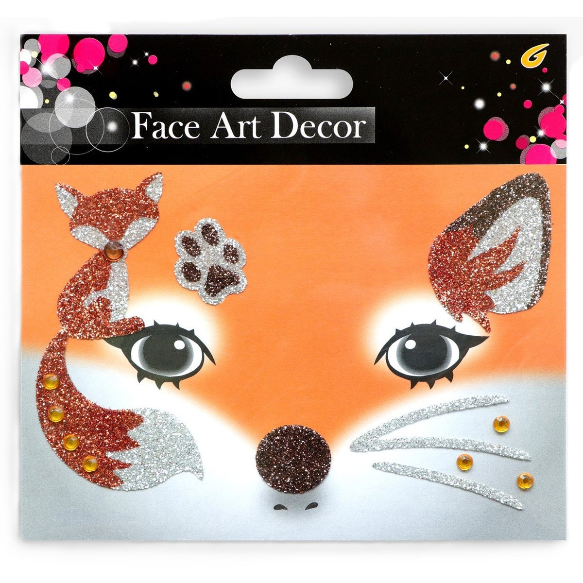 Sticker Temporar pentru Fata, Masca Autoadeziva cu Sclipici Face Art, Machiaj Halloween si Teatru, Material PET, Model Vulpe, Portocaliu, 1 Bucata