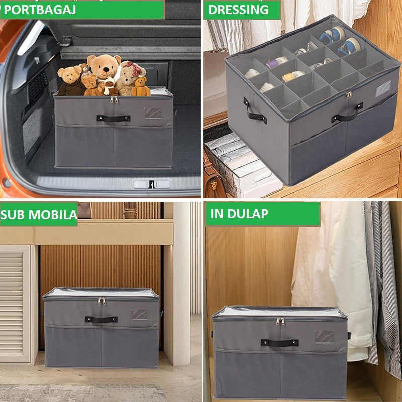 Cutie Depozitare Pantofi, Organizator Pliabil cu Capac Transparent și Fermoar Bidirecțional, Panză Oxford și Polipropilenă, cu Mânere și Suport Etichetă, 53 x 42 x 33 cm, Gri