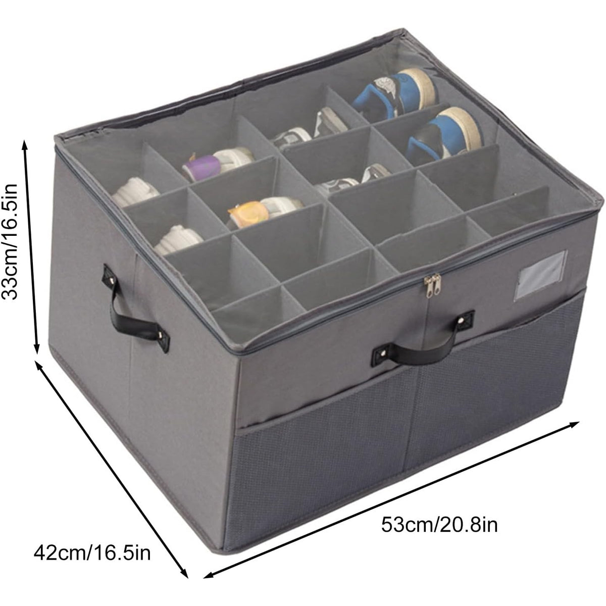 Cutie Depozitare Pantofi, Organizator Pliabil cu Capac Transparent și Fermoar Bidirecțional, Panză Oxford și Polipropilenă, cu Mânere și Suport Etichetă, 53 x 42 x 33 cm, Gri