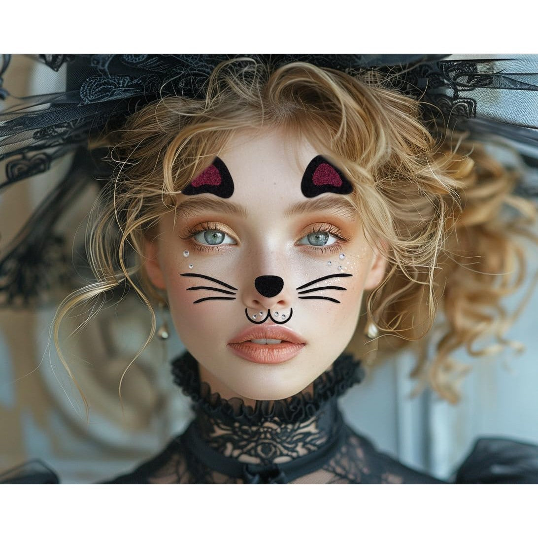 Sticker Temporar pentru Fata, Machiaj Face Art cu Sclipici si Design Pisica, Autocolant Tip Masca pentru Halloween si Teatru, Material PET Autoadeziv, Mov, 12.8 x 12 cm