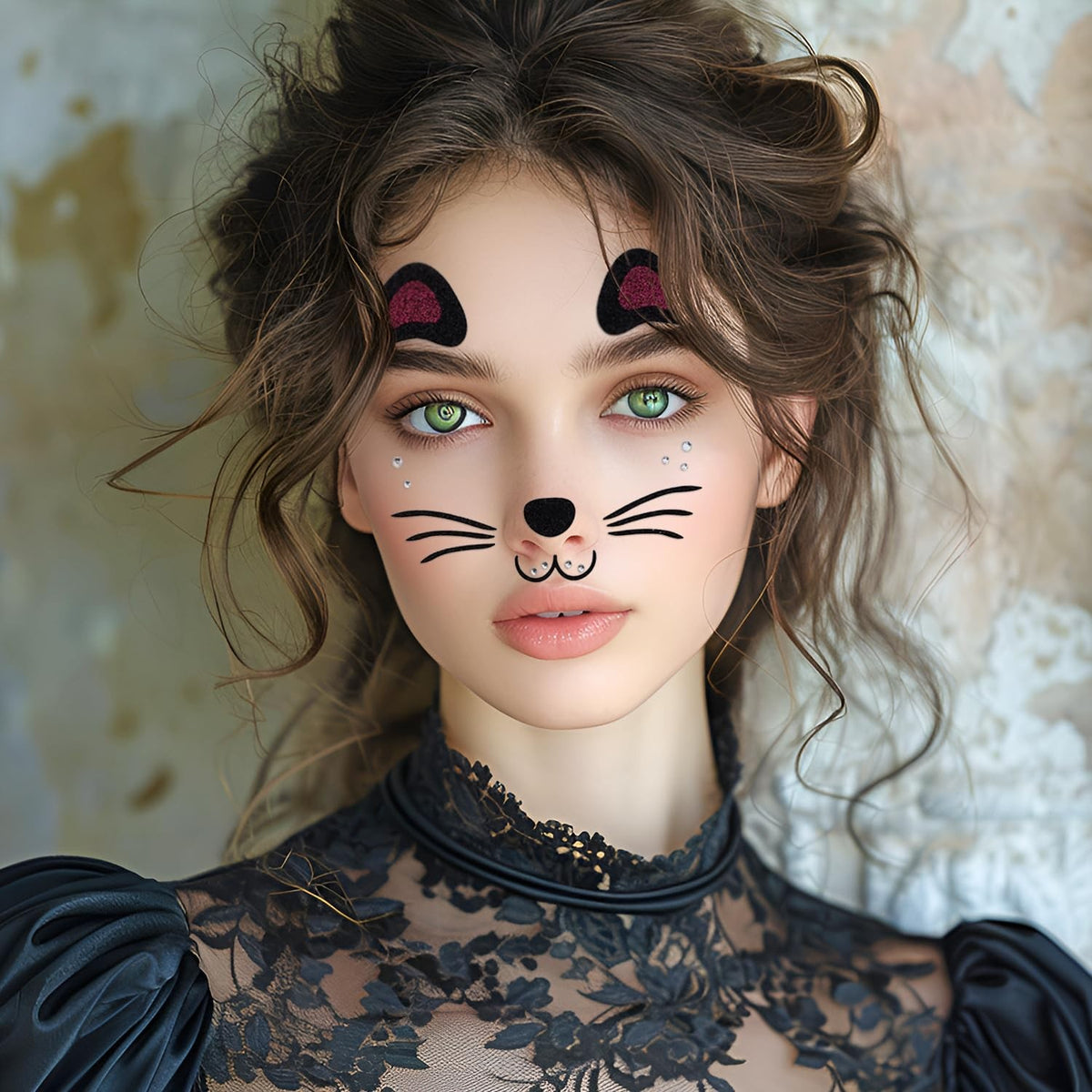 Sticker Temporar pentru Fata, Machiaj Face Art cu Sclipici si Design Pisica, Autocolant Tip Masca pentru Halloween si Teatru, Material PET Autoadeziv, Mov, 12.8 x 12 cm