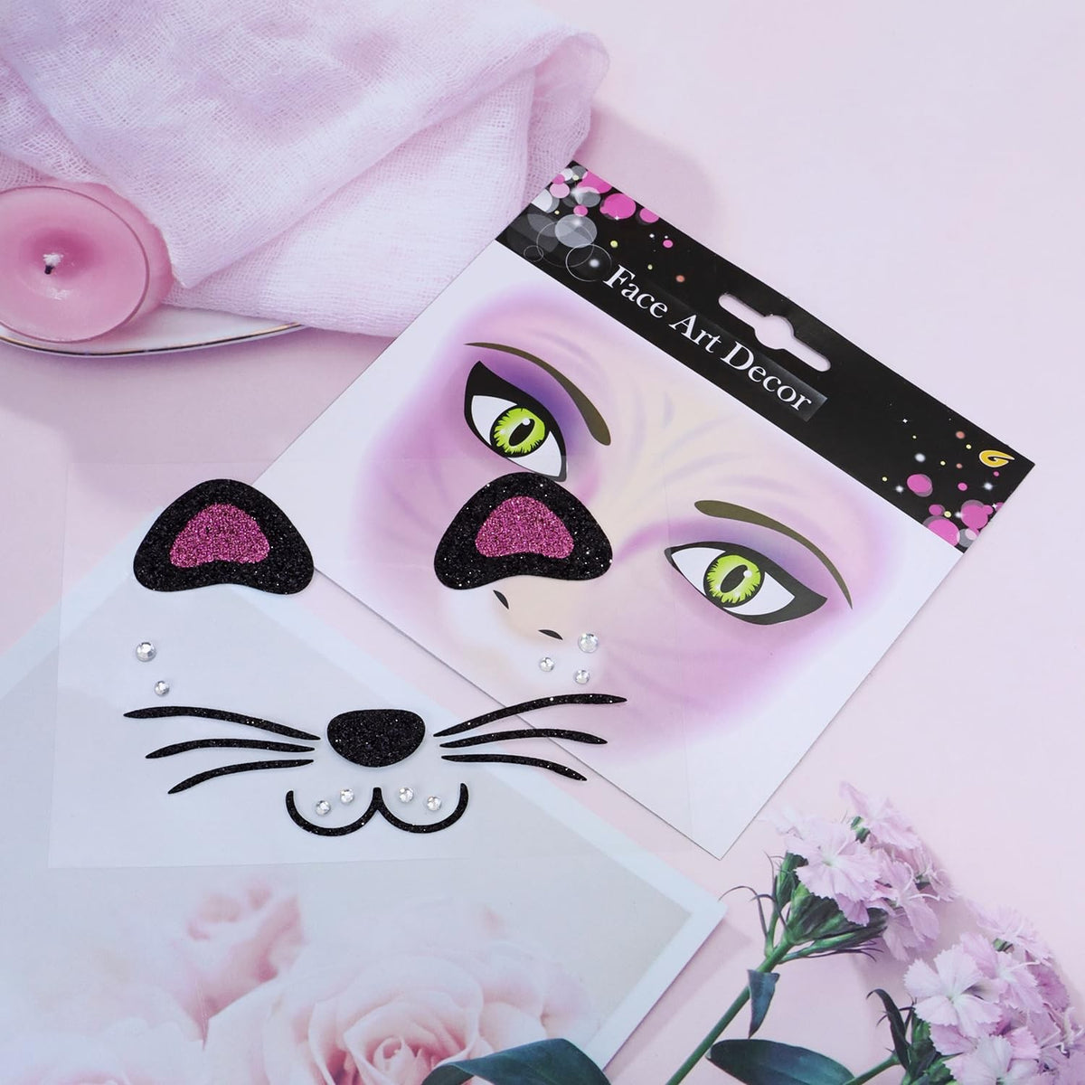 Sticker Temporar pentru Fata, Machiaj Face Art cu Sclipici si Design Pisica, Autocolant Tip Masca pentru Halloween si Teatru, Material PET Autoadeziv, Mov, 12.8 x 12 cm