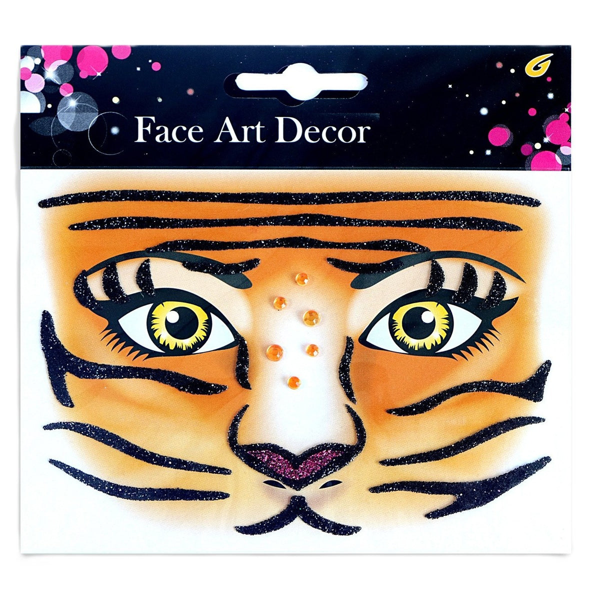 Sticker Temporar pentru Fata, Machiaj Face Art cu Sclipici, Autocolant Tip Masca Halloween si Teatru, Material PET Autoadeziv, Model Tigru, Maro, 12.8 x 12 cm