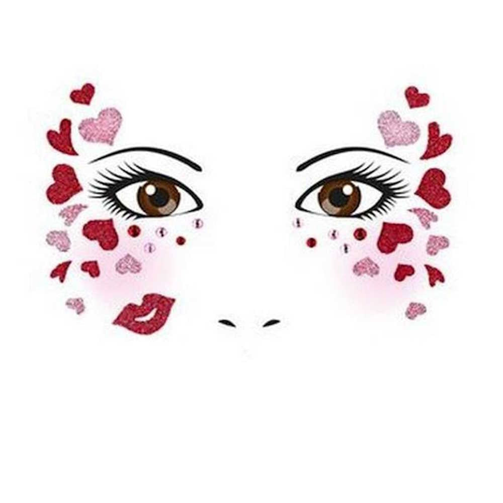 Sticker Temporar pentru Fata, Autocolant Machiaj Face Art cu Sclipici, Masca Autoadeziva pentru Halloween si Teatru, Material PET, Model Inimioare, Multicolor, 13 x 12 cm