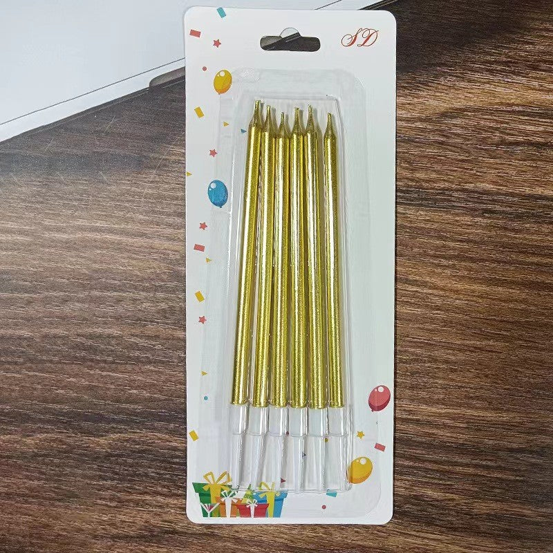 Set Lumanari Tort Tip Creion, Efect Lucios si Elegant, Parafina cu Suport Plastic, 11 x 0.4 cm, Auriu, 6 Bucati
