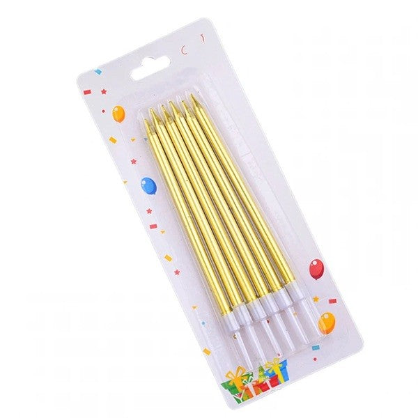 Set Lumanari Tort Tip Creion, Efect Lucios si Elegant, Parafina cu Suport Plastic, 11 x 0.4 cm, Auriu, 6 Bucati
