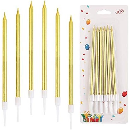 Set Lumanari Tort Tip Creion, Efect Lucios si Elegant, Parafina cu Suport Plastic, 11 x 0.4 cm, Auriu, 6 Bucati