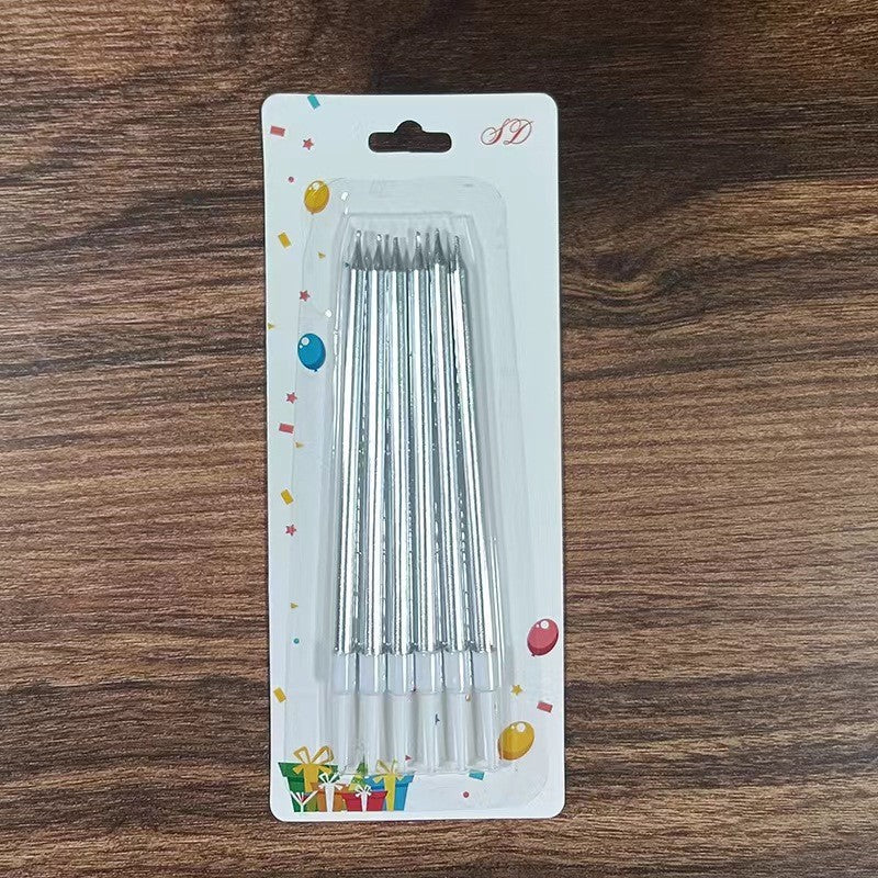 Set Lumanari Tort Tip Creion, Efect Lucios si Elegant, Parafina cu Suport, Argintiu, 13.5 cm, 6 Bucati