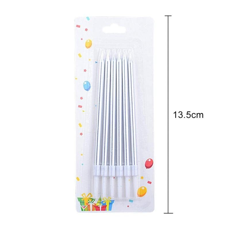 Set Lumanari Tort Tip Creion, Efect Lucios si Elegant, Parafina cu Suport, Argintiu, 13.5 cm, 6 Bucati