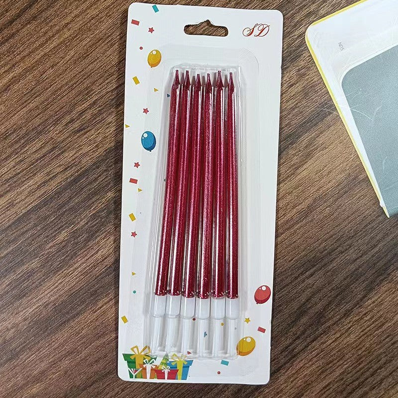 Set 6 Lumanari Tort tip Creion, Efect Lucios si Elegant, Parafina cu Suport PP, 11 x 0.4 cm, Rosu
