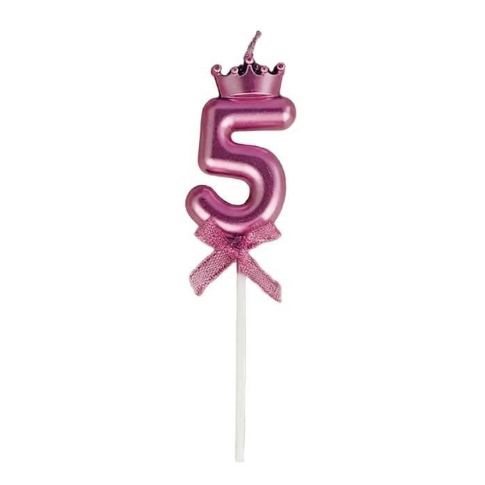 Lumânare Tort Cifra 5, Model Coroană cu Fundiță și Suport Integrat, Parafină, 6 x 2.5 cm, Mov