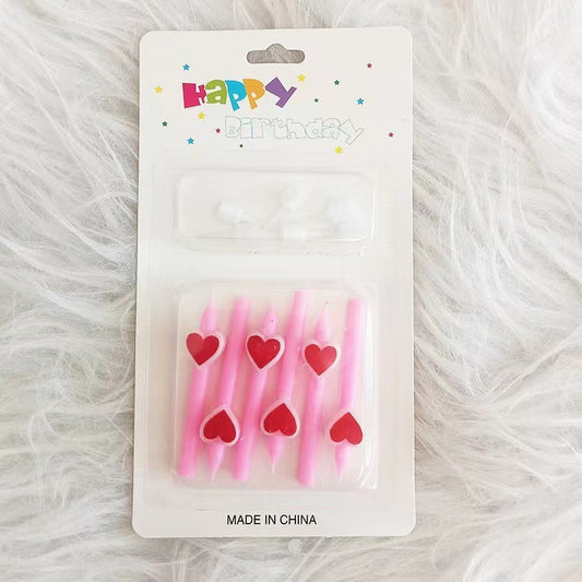 Set 6 Lumanari Pentru Tort, Model Creion cu Inimioare Happy Birthday, Ceara cu Suport Inclus, 5.9 x 1.1 cm, Roz