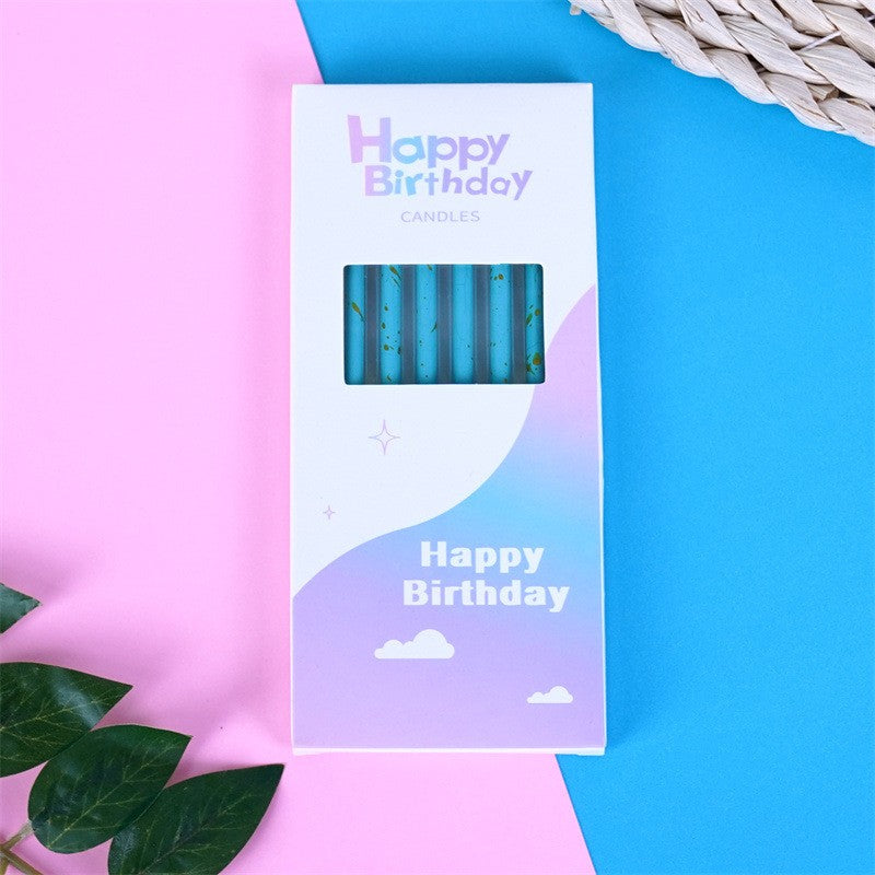 Set 6 Lumanari Tort Tip Creion, Happy Birthday cu Sclipici si Paiete, Suport Inclus, Parafina, 10 cm, Albastru