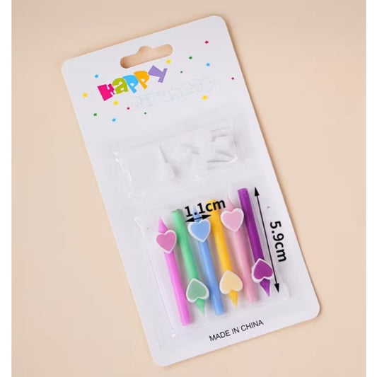Set 6 Lumanari Tort, Model Creion cu Inimioare Multicolore, Accesorii Aniversare Happy Birthday, Ceara Non-Toxica, 5.9 x 1.1 cm, Multicolor, 6 Bucati