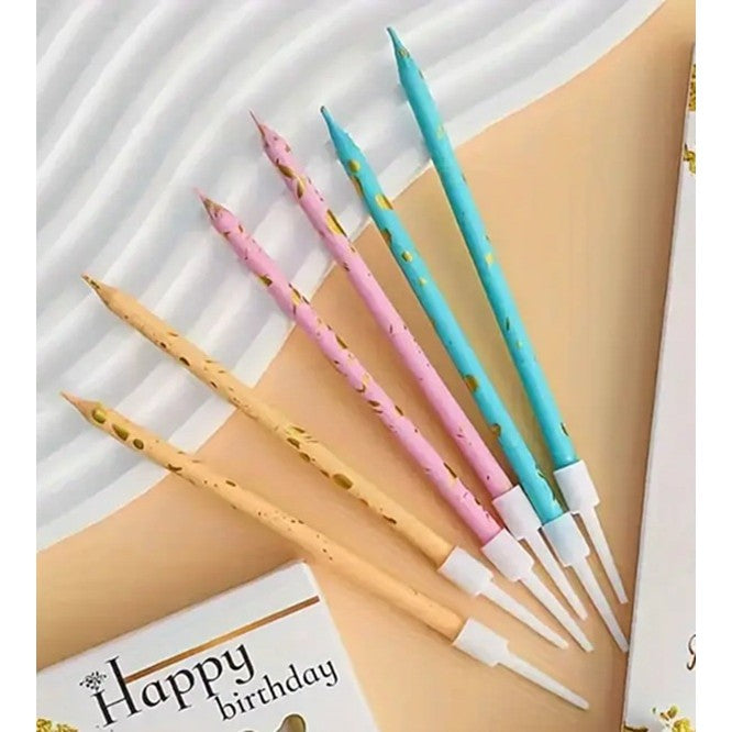 Set 6 Lumanari Tort Happy Birthday, Lumanari Tip Creion cu Sclipici si Paiete, Include Suporturi Fixare, Parafina, 10 cm, Roz