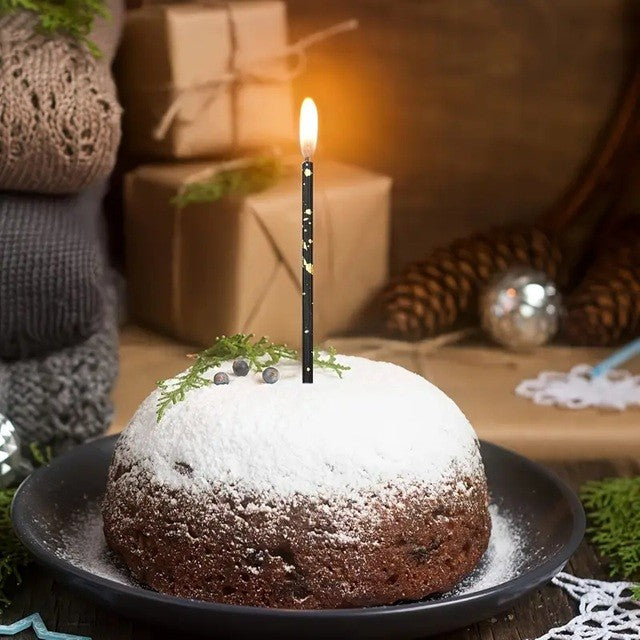 Set 6 Lumanari Tort Happy Birthday, Model Lungi Tip Creion cu Sclipici si Paiete, Parafina cu Suport Inclus, 10 cm, Alb/Negru