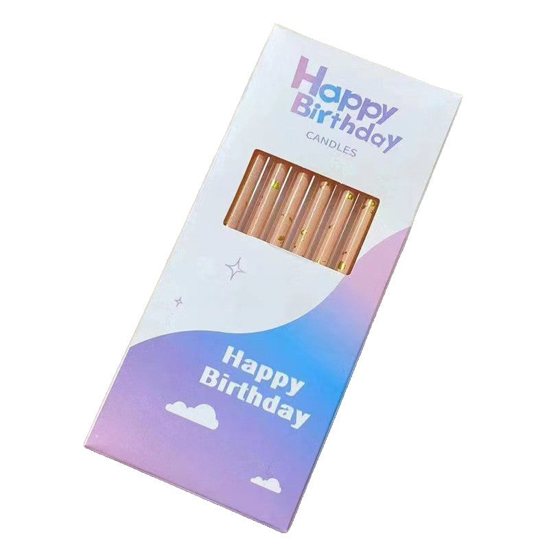Set 6 Lumanari Tort Happy Birthday, Lumanari Lungi Tip Creion cu Sclipici si Paiete, Parafina cu Suport de Infigere, 10 cm, Oranj Pal