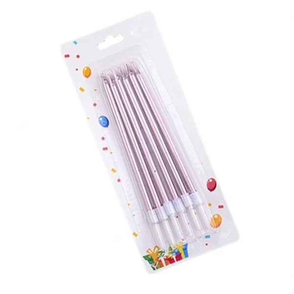 Set Lumanari de Tort Tip Creion, Lumanari Aniversare Elegante cu Efect Lucios, Parafina cu Suport Inclus, Roz Auriu, 11 x 0.4 cm, 6 Bucati