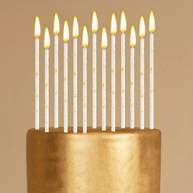 Set 6 Lumanari Tort Happy Birthday, Lumanari Tip Creion Cu Sclipici Si Paiete, Include Suporturi Infigere, Parafina, 10 cm, Bej