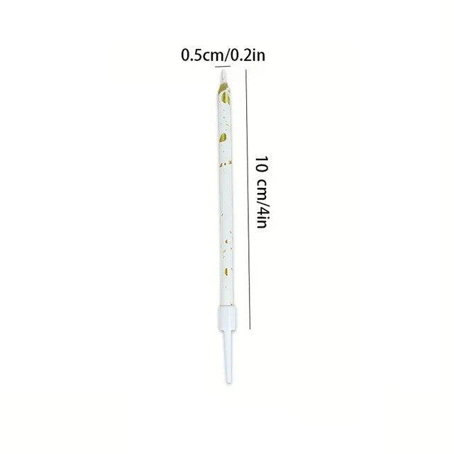 Set 6 Lumanari Tort Happy Birthday, Lumanari Lungi Tip Creion cu Sclipici si Paiete, Parafina cu Suport, 10 cm, Alb/Auriu