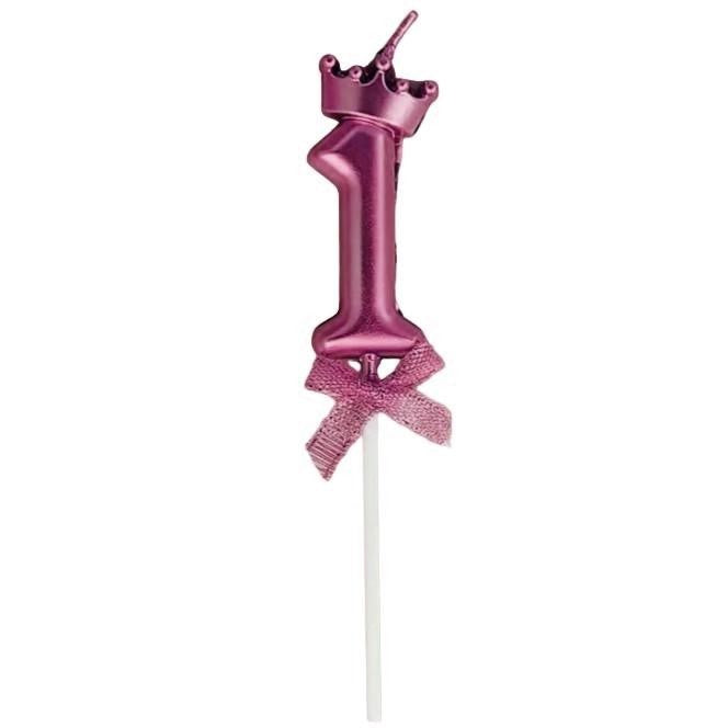 Lumanare Tort Cifra 1, Model Coroana cu Fundita, Parafina cu Suport Integrat, 6 x 2.5 cm, Mov