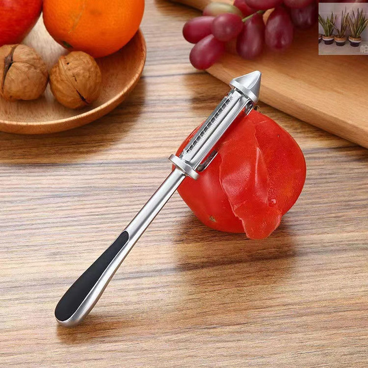 Peeler Multifunctional 2in1 pentru Legume si Fructe, Dispozitiv Curatat si Feliat, Otel Inoxidabil si Aliaj Zinc, Maner Ergonomic, 18 cm, Argintiu/Negru