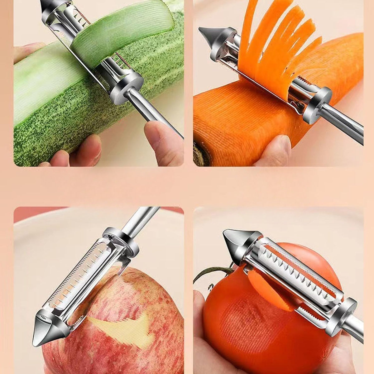 Peeler Multifunctional 2in1 pentru Legume si Fructe, Dispozitiv Curatat si Feliat, Otel Inoxidabil si Aliaj Zinc, Maner Ergonomic, 18 cm, Argintiu/Negru