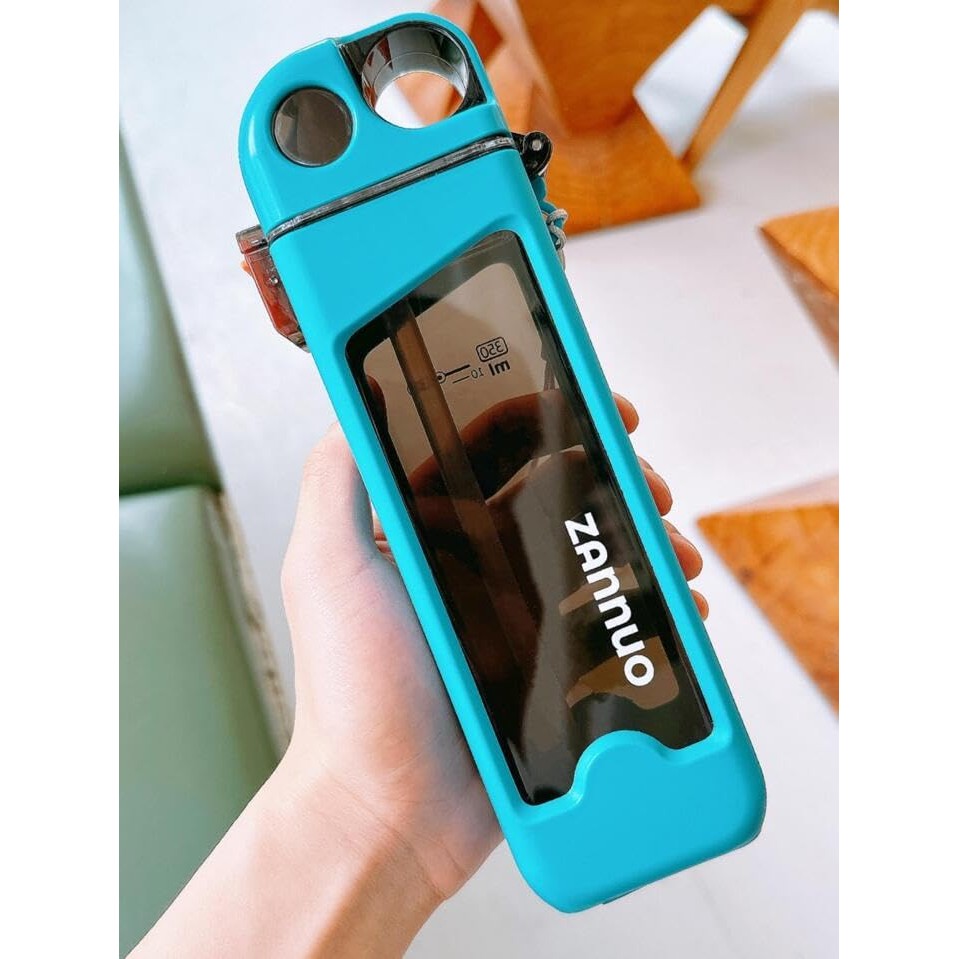 Sticla de Apa pentru Sport cu Pai si Capac, Sistem Anti-Scurgere, Buton de Blocare si Snur de Transport, Policarbonat, 350 ml, Bleu