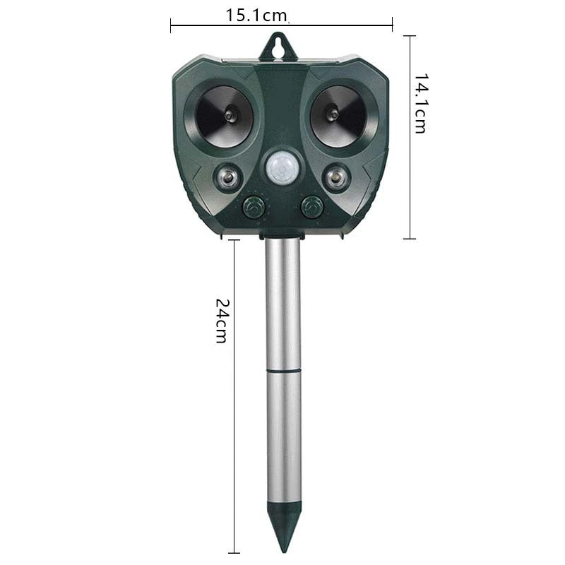 Aparat Solar cu Ultrasunete pentru Alungat Animale, Repelent cu Senzor Miscare Infrarosu si Lumini LED, Incarcare Solara si USB, Exterior, Rezistent la Apa, ABS, 15 x 14 x 24 cm, Verde