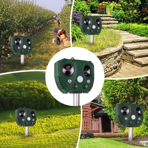 Aparat Solar cu Ultrasunete pentru Alungat Animale, Repelent cu Senzor Miscare Infrarosu si Lumini LED, Incarcare Solara si USB, Exterior, Rezistent la Apa, ABS, 15 x 14 x 24 cm, Verde