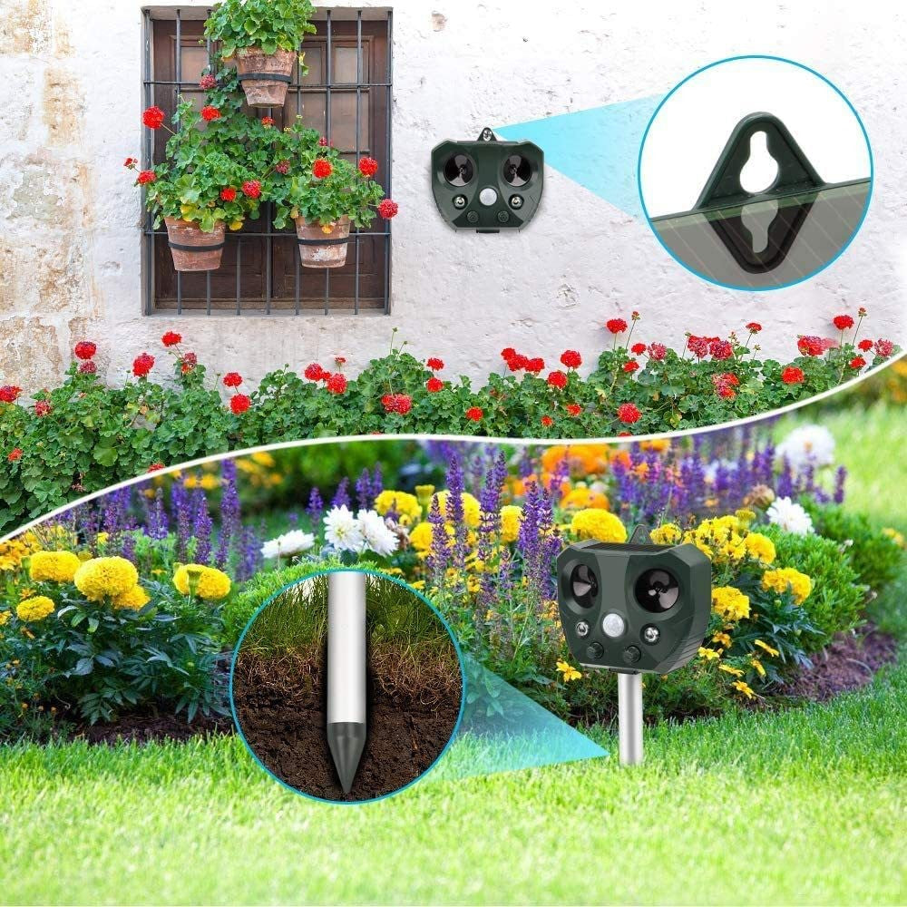 Aparat Solar cu Ultrasunete pentru Alungat Animale, Repelent cu Senzor Miscare Infrarosu si Lumini LED, Incarcare Solara si USB, Exterior, Rezistent la Apa, ABS, 15 x 14 x 24 cm, Verde
