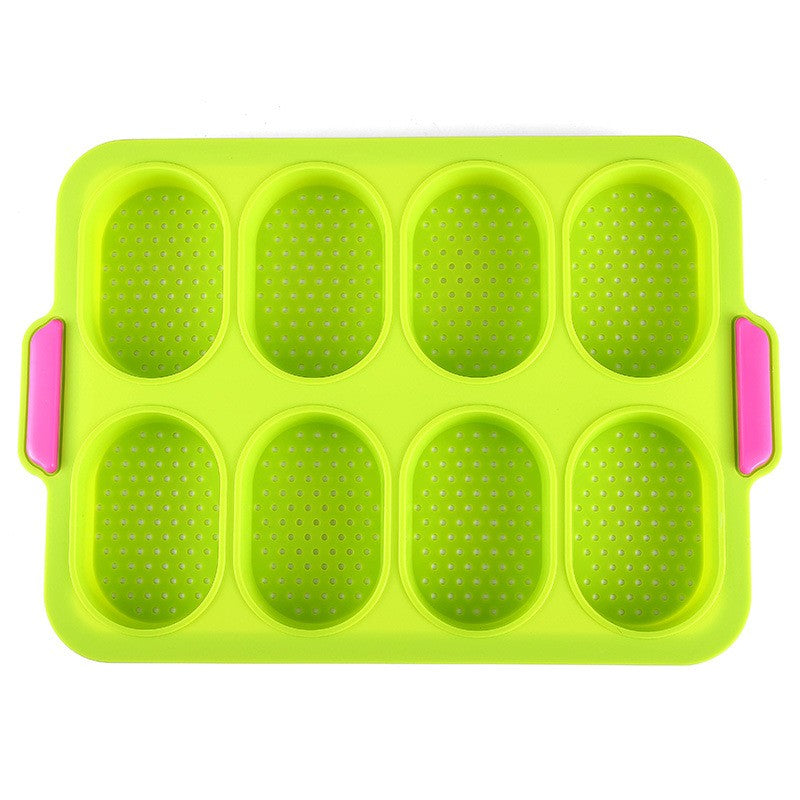 Forme de Silicon pentru Copt, Tava cu 8 Cavitati Ovale pentru Paine si Prajituri, Material Antiaderent Termorezistent, 34.5 x 23.8 x 2.5 cm, Verde/Roz