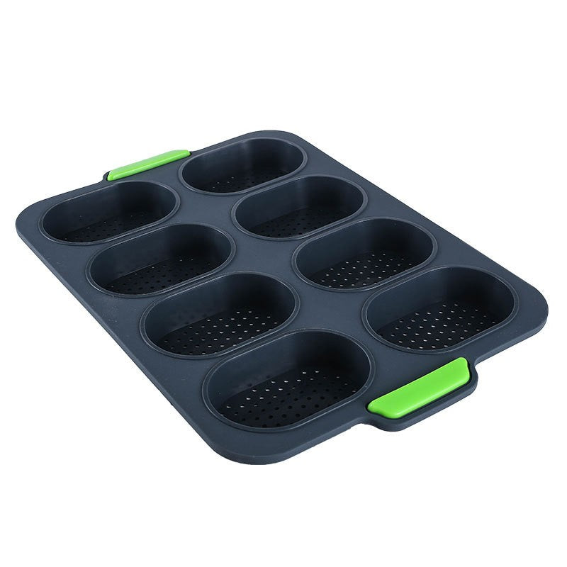 Forme de Silicon pentru Copt, 8 Cavitati Ovale pentru Paine si Prajituri, Material Antiaderent Termorezistent, 34.5 x 23.8 x 2.5 cm, Negru/Verde
