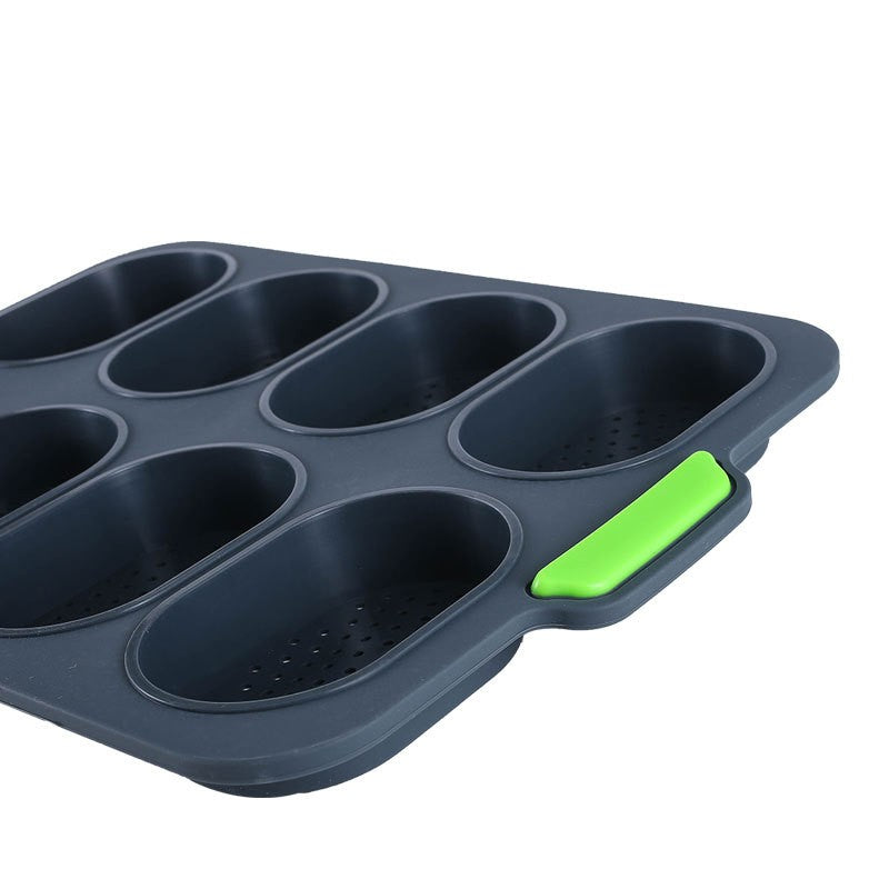 Forme de Silicon pentru Copt, 8 Cavitati Ovale pentru Paine si Prajituri, Material Antiaderent Termorezistent, 34.5 x 23.8 x 2.5 cm, Negru/Verde
