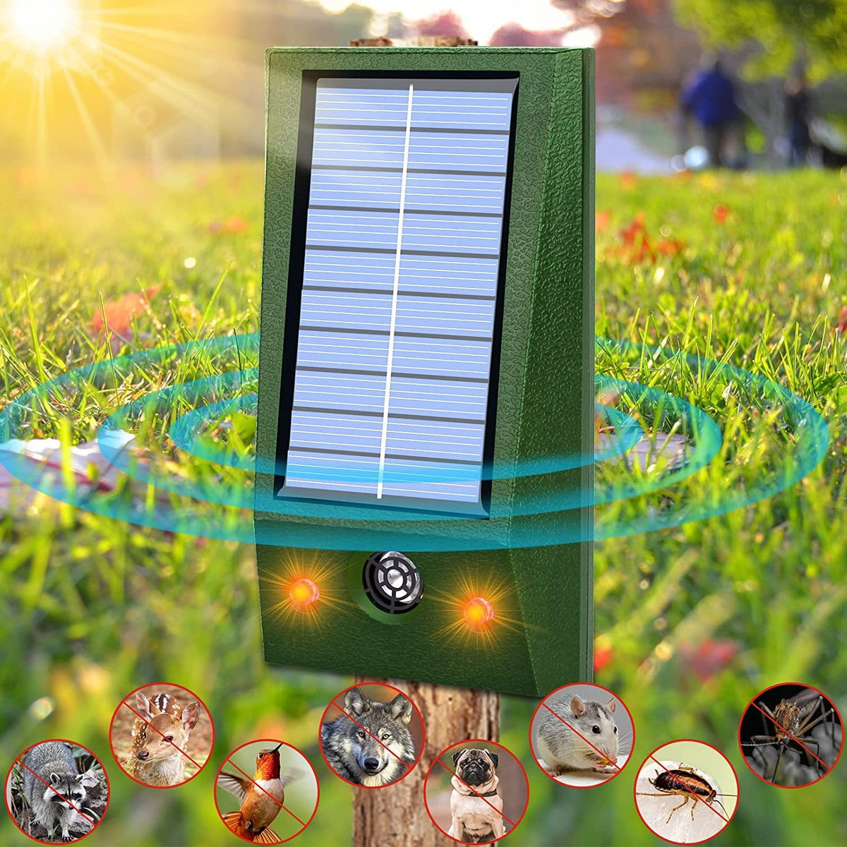 Aparat Solar cu Ultrasunete pentru Alungat Animale, Repelent Anti Rozatoare si Insecte, Rezistent la Apa IP66, Incarcare USB, Material ABS, 12 x 6.5 cm, Verde