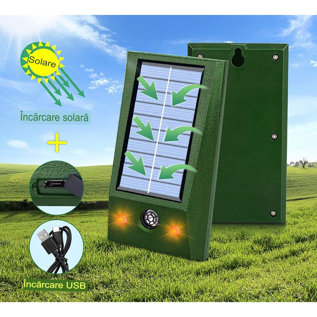 Aparat Solar cu Ultrasunete pentru Alungat Animale, Repelent Anti Rozatoare si Insecte, Rezistent la Apa IP66, Incarcare USB, Material ABS, 12 x 6.5 cm, Verde