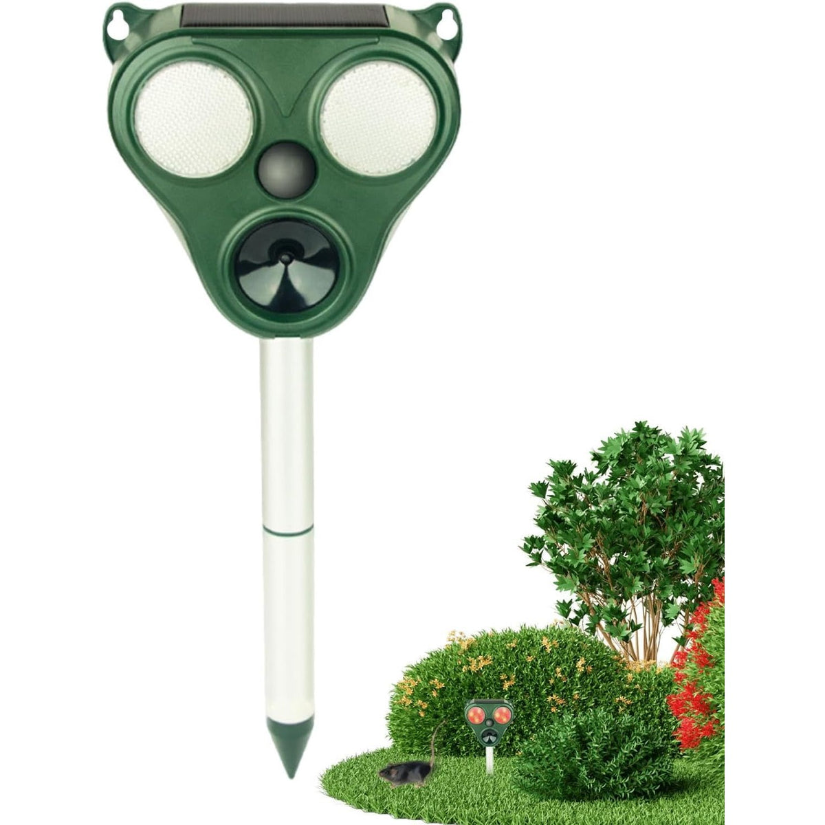 Aparat Repelent Solar cu Ultrasunete, Dispozitiv Anti Animale si Pasari, Senzor PIR, Alarma Sonora si Lumina LED, Rezistent la Apa IP66, ABS si Policarbonat, 300 mp, 13 x 14.7 x 24.5 cm, Verde