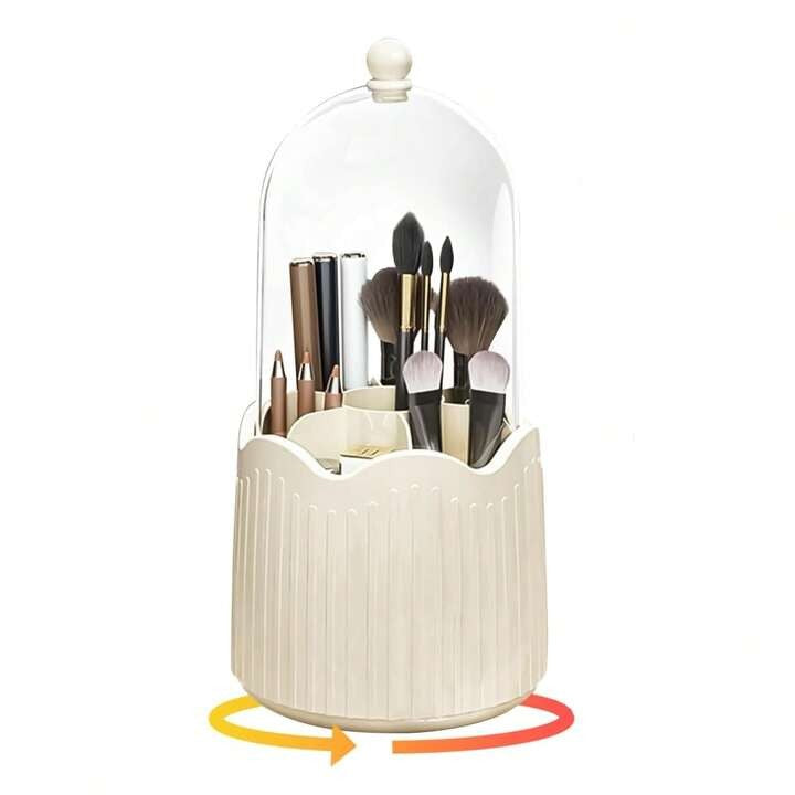 Organizator Rotativ Pensule Machiaj, Suport cu Capac Protectie Praf, Rotire 360 Grade, Plastic ABS si PET, 36 x 13 cm, Bej