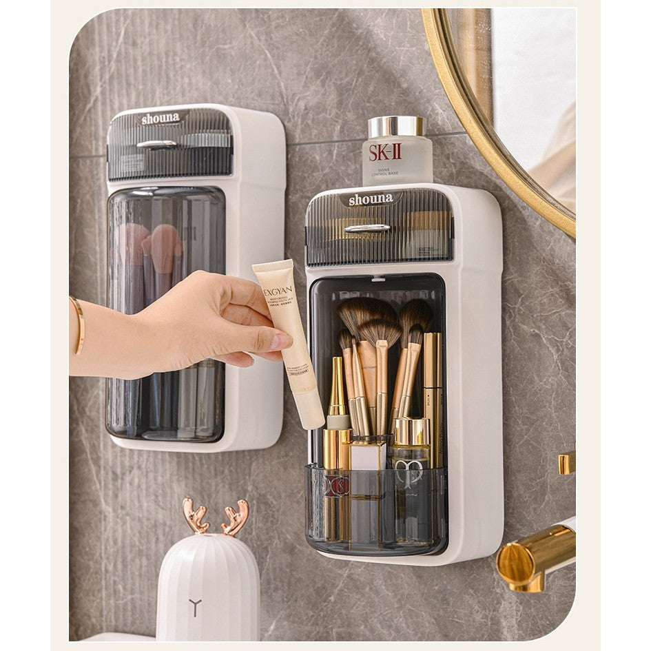 Organizator Cosmetice si Baie Rotativ 360 Grade, Suport Machiaj cu 4 Compartimente si 1 Sertar, Plastic PP si PET, 27.5 x 16 x 11 cm, Alb/Negru