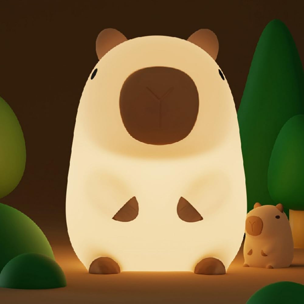 Lampa de Veghe pentru Copii Model Capibara, Senzor Tactil cu Intensitate Reglabila si Timer 20 Minute, Silicon Moale, Incarcare USB-C, Baterie 800 mAh, 10.8x9x12.8 cm, Alb Cald