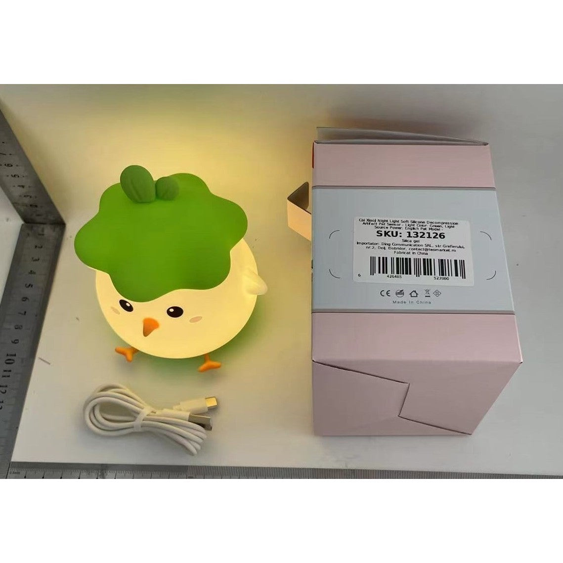Lampa de Veghe pentru Copii cu Senzor Tactil, Model Pui, Lumina Calda Reglabila si Timer, Silicon Moale, Acumulator 800mAh, Incarcare USB, Verde, 11 x 10 x 12.4 cm