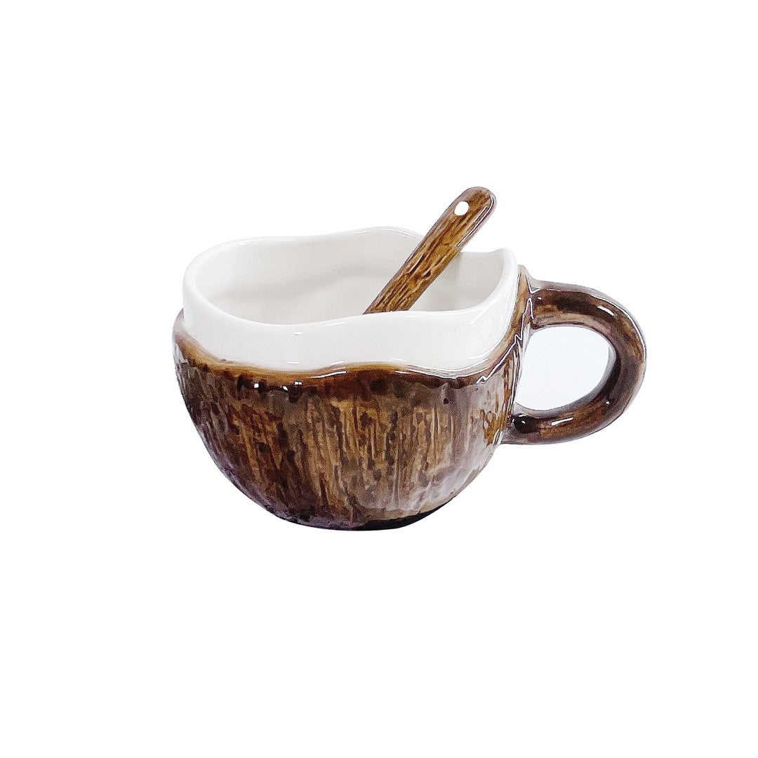 Cană din Ceramică cu Linguriță, Model Nucă de Cocos, Design Rustic, 201-300 ml, Maro