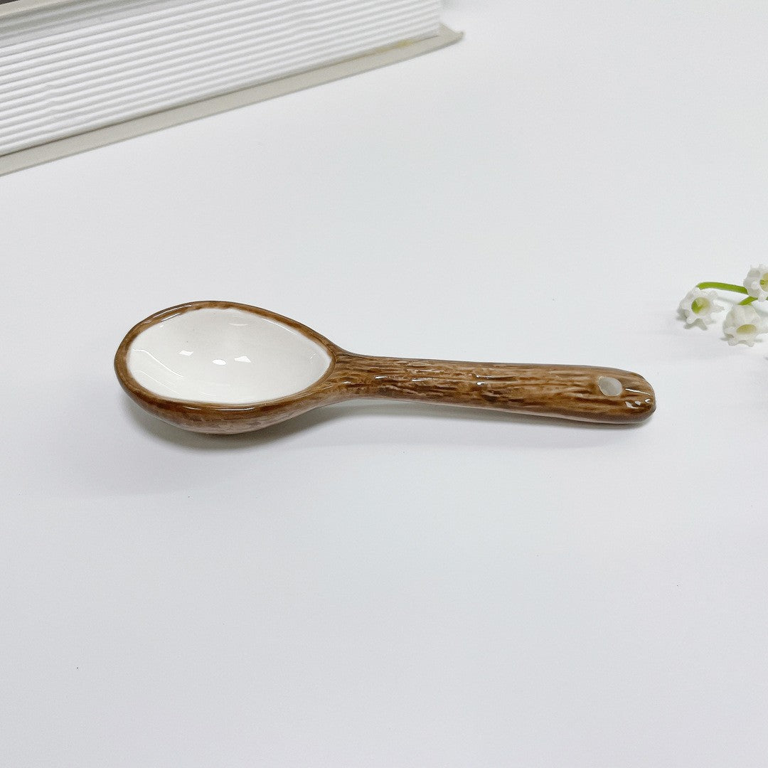 Cană din Ceramică cu Linguriță, Model Nucă de Cocos, Design Rustic, 201-300 ml, Maro